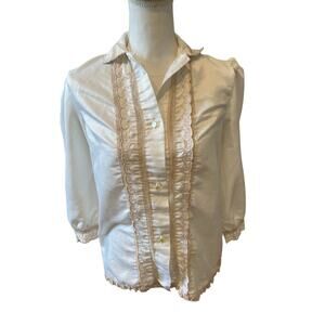 Vintage 70s Bert Yelin for Iris Ruffled Lace Front Poets Blouse White